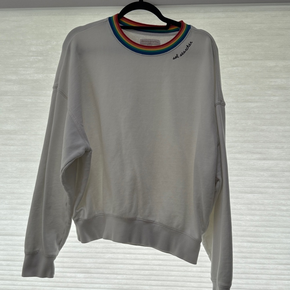 Spiritual Gangster White Sweatshirt with Rainbow Trim